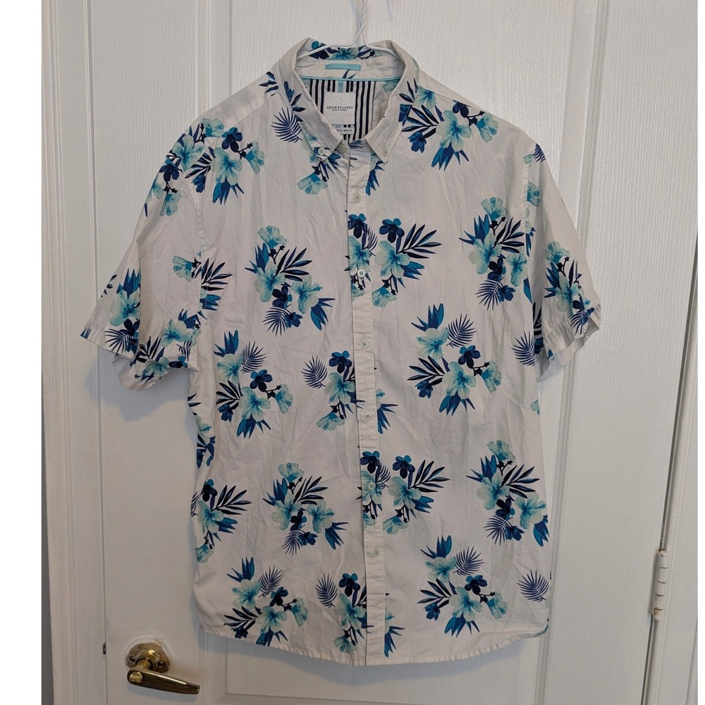 Denim & Flower Ricky Singh Mens XL White Blue Tropical Floral Button Down Shirt - Picture 2 of 6